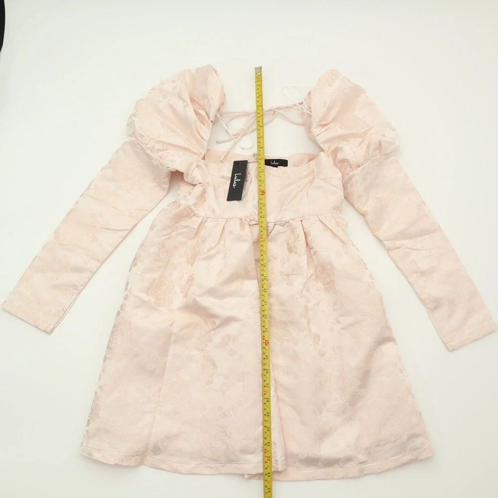 Lulus Pink Floral Jacquard Puff Sleeve Square Neck Tie Back Mini Dress NWT - Picture 8 of 11